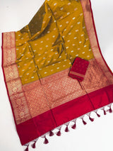 Fenugreek Color Pure Katan Silk Saree with Red Color Border and Pallu - Kaash