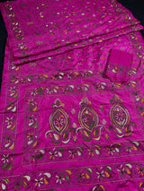 Fuchsia Pink hand Kantha stitch saree on Bangalori silk — Kaash Collection