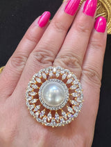 Gold Color Adjustable Ring AD Stone with AD Stone and Pearl Stone | Adjustable Rings for Women | Gift for Her | AD Jewelry - Kaash