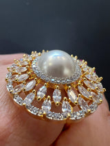 Gold Color Adjustable Ring AD Stone with AD Stone and Pearl Stone | Adjustable Rings for Women | Gift for Her | AD Jewelry - Kaash