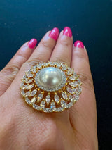 Gold Color Adjustable Ring AD Stone with AD Stone and Pearl Stone | Adjustable Rings for Women | Gift for Her | AD Jewelry - Kaash