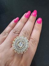 Gold Color Adjustable Ring AD Stone with AD Stone and Sliver Stones | Adjustable Rings for Women | Gift for Her | AD Jewelry - Kaash