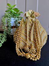 Gold Potli Bag | Gold and Sliver Beaded Studded Clutch | Party Clutch Sling | Wedding Purse in Gold | Handmade Embellished Lotus Potli Bag - Kaash