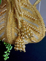 Gold Potli Bag | Gold and Sliver Beaded Studded Clutch | Party Clutch Sling | Wedding Purse in Gold | Handmade Embellished Lotus Potli Bag - Kaash