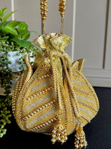 Gold Potli Bag | Gold and Sliver Beaded Studded Clutch | Party Clutch Sling | Wedding Purse in Gold | Handmade Embellished Lotus Potli Bag - Kaash