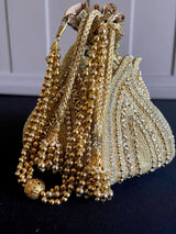 Gold Potli Bag | Gold Beaded Studded Clutch | Party Clutch Sling | Wedding Purse in Gold | Bridal Bag, Handmade, Embellished Lotus Potli - Kaash