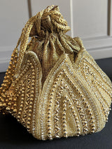 Gold Potli Bag | Gold Beaded Studded Clutch | Party Clutch Sling | Wedding Purse in Gold | Bridal Bag, Handmade, Embellished Lotus Potli - Kaash