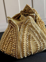 Gold Potli Bag | Gold Beaded Studded Clutch | Party Clutch Sling | Wedding Purse in Gold | Bridal Bag, Handmade, Embellished Lotus Potli - Kaash