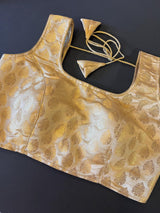 Gold Stitched Sleeveless Blouse with small Gold Buttis Pure Banarasi - Kaash