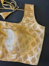 Gold Stitched Sleeveless Blouse with small Gold Buttis Pure Banarasi - Kaash
