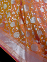 Dual Coral Peach Banarasi Handloom saree in banarasi silk handloom with muted gold zari handweaving — Kaash Collection