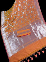 Dual Coral Peach Banarasi Handloom saree in banarasi silk handloom with muted gold zari handweaving — Kaash Collection