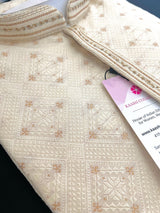 Cream men's kurta pajama in soft raw silk with antique gold zari with hand-stitched neckline — Kaash Collection