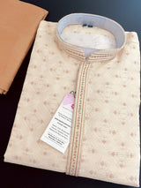 Cream men's kurta pajama in soft raw silk with antique gold zari with hand-stitched neckline — Kaash Collection