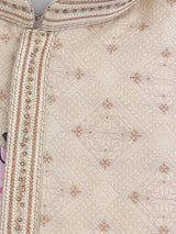 Cream men's kurta pajama in soft raw silk with antique gold zari with hand-stitched neckline — Kaash Collection