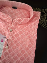 Pastel Peach men's kurta pajama in soft butter silk with embroidery with tiny sequin work — Kaash Collection