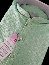 Grand Pastel Sea Green Color Men Kurta Pajama Set with Emberiodery and Sequin Work in Soft Butter Soft Silk | Indian Wedding Outfit for Men - Kaash