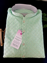 Grand Pastel Sea Green Color Men Kurta Pajama Set with Emberiodery and Sequin Work in Soft Butter Soft Silk | Indian Wedding Outfit for Men - Kaash