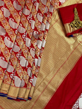 Grand Red Banarasi Silk Traditional Saree with Gold and Sliver Zari Weave - Kaash