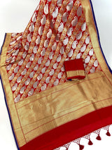 Grand Red Banarasi Silk Traditional Saree with Gold and Sliver Zari Weave - Kaash