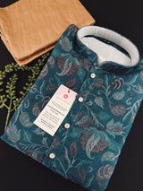 Teal men's kurta pajama in banarasi butter silk with banarasi floral weave with cotton lining — Kaash Collection