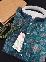 Teal men's kurta pajama in banarasi butter silk with banarasi floral weave with cotton lining — Kaash Collection