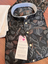 Charcoal Grey men's kurta pajama in banarasi butter silk with banarasi floral weave with cotton lining — Kaash Collection