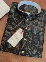 Charcoal Grey men's kurta pajama in banarasi butter silk with banarasi floral weave with cotton lining — Kaash Collection