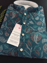 Teal men's kurta pajama in banarasi butter silk with banarasi floral weave with cotton lining — Kaash Collection