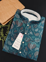 Teal men's kurta pajama in banarasi butter silk with banarasi floral weave with cotton lining — Kaash Collection