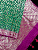 Green & Pink Banarasi saree in banarasi silk with shikargah with elephant & horse motifs — Kaash Collection