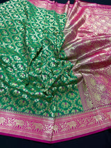 Green & Pink Banarasi saree in banarasi silk with shikargah with elephant & horse motifs — Kaash Collection