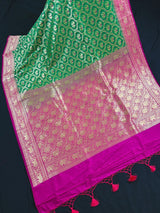 Green & Pink Banarasi saree in banarasi silk with shikargah with elephant & horse motifs — Kaash Collection