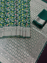 Green Dupion Banarasi saree in banarasi semi dupion silk with floral meenakari work — Kaash Collection