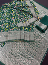 Green Dupion Banarasi saree in banarasi semi dupion silk with floral meenakari work — Kaash Collection