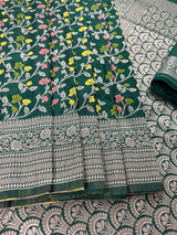 Green Dupion Banarasi saree in banarasi semi dupion silk with floral meenakari work — Kaash Collection