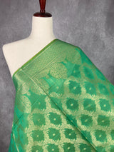 Green Semi Banarasi Floral Jaal dupatta in banarasi silk (non-pure) with handloom zari jaal weaving — Kaash Collection