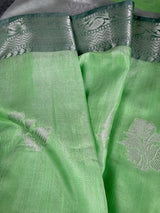 Green Color Banarasi Silk Cotton Saree with Sliver Zari Borders and Floral Buttas - Kaash