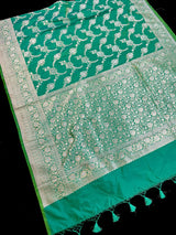Green Color Banarasi Silk Saree with Floral Jaal in Muted Gold Zari - Kaash