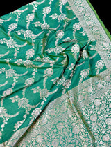 Green Color Banarasi Silk Saree with Floral Jaal in Muted Gold Zari - Kaash