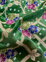 Green Banarasi Dupion Bandhej saree in banarasi semi dupion silk with bandhej tie-dye with meenakari floral & muted gold zari — Kaash Collection