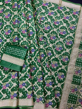 Green Banarasi Dupion Bandhej saree in banarasi semi dupion silk with bandhej tie-dye with meenakari floral & muted gold zari — Kaash Collection