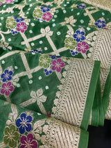 Green Color Bandhej Saree - Banarasi Semi Dupion Silk with Work Muted Gold Zari and Meenakari Work - Handwoven Sarees - Banarasi Saree - Kaash