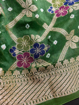 Green Color Bandhej Saree - Banarasi Semi Dupion Silk with Work Muted Gold Zari and Meenakari Work - Handwoven Sarees - Banarasi Saree - Kaash