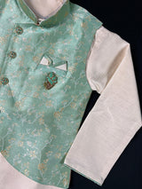Green Color Boys 3pcs Kurta Pajama with Jacket in Floral Pattern - Kaash