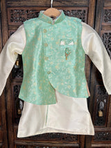 Green Color Boys 3pcs Kurta Pajama with Jacket in Floral Pattern - Kaash