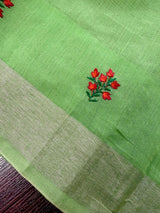Green Cotton Tissue saree in cotton with floral embroidery with tissue borders — Kaash Collection