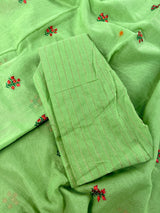 Green Cotton Tissue saree in cotton with floral embroidery with tissue borders — Kaash Collection