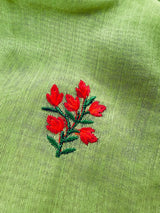 Green Cotton Tissue saree in cotton with floral embroidery with tissue borders — Kaash Collection