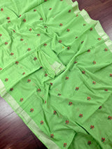 Green Cotton Tissue saree in cotton with floral embroidery with tissue borders — Kaash Collection